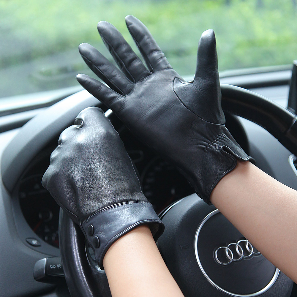 Wool Glove Lined - Modne czarne rękawiczki z prawdziwej skóry